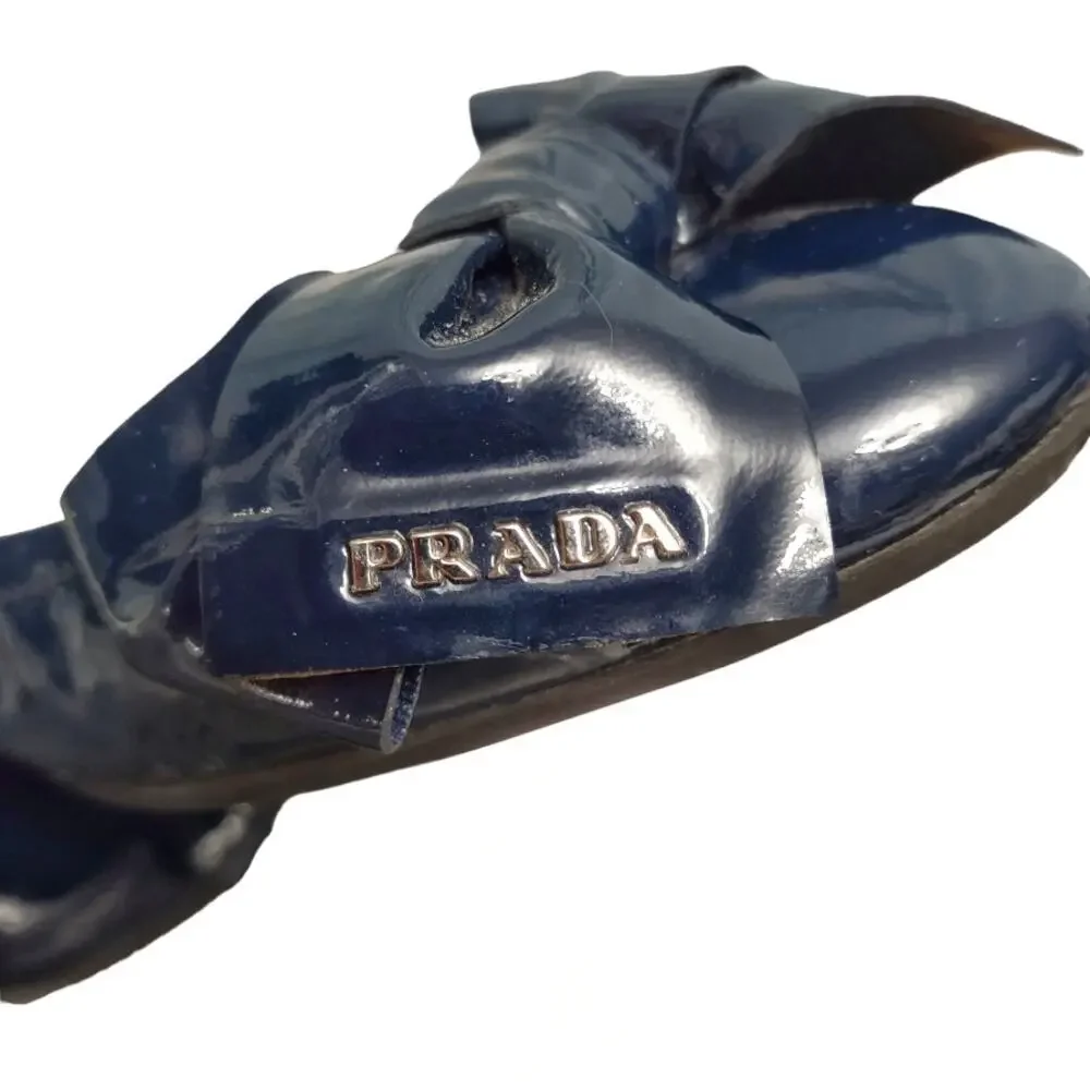 PRADA Navy Ballet Flats US Size 8.5 Patent Leather EU Size 35.5 Preppy Bows